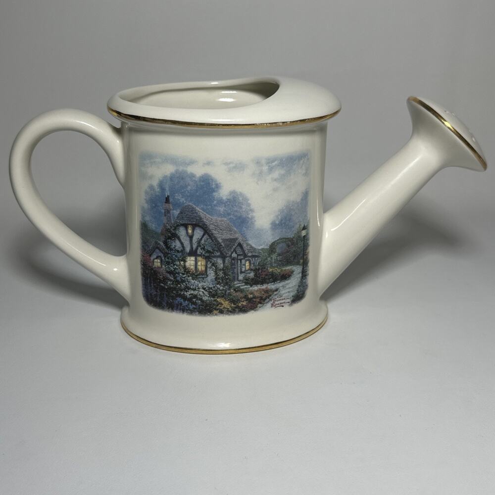 Thomas Kinkade Chandlers Cottage Porcelain Watering Can Cream with Gold 2004
